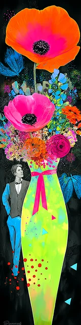 Free colorful bookmark with a green neon floral vase illustration